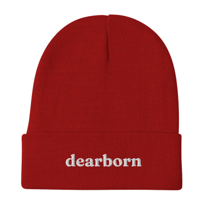 'Dearborn' Winter Beanie (Old-Style Serif Font) | White/Navy Embroidery - Circumspice Michigan