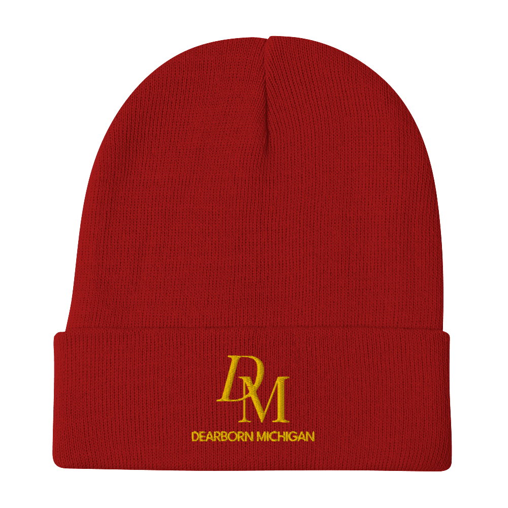 'DM Dearborn Michigan' Winter Beanie (Luxury Goods Parody) | Gold Embroidery - Circumspice Michigan