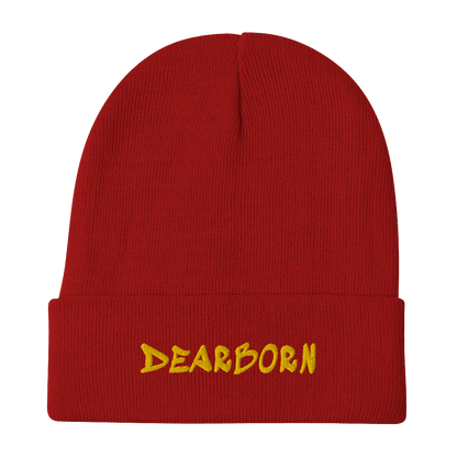 'Dearborn' Winter Beanie (1980's Hip Hop Font) | Gold Embroidery - Circumspice Michigan