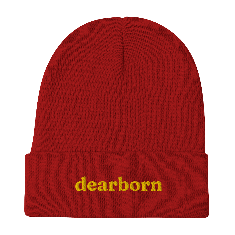 'Dearborn' Winter Beanie (Old-Style Serif Font) | Gold Embroidery - Circumspice Michigan