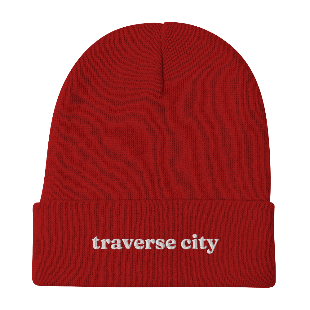 'Traverse City' Winter Beanie (Old-Style Serif Font) | White/Navy Embroidery - Circumspice Michigan