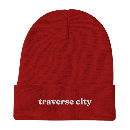 'Traverse City' Winter Beanie (Old-Style Serif Font) | White/Navy Embroidery - Circumspice Michigan