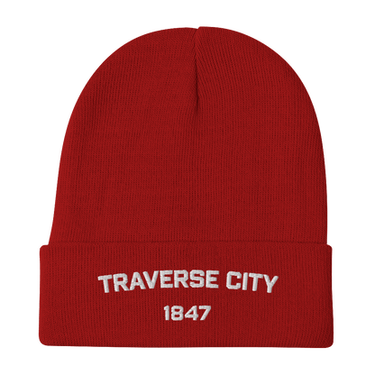 'Traverse City 1847' Winter Beanie | White Embroidery - Circumspice Michigan