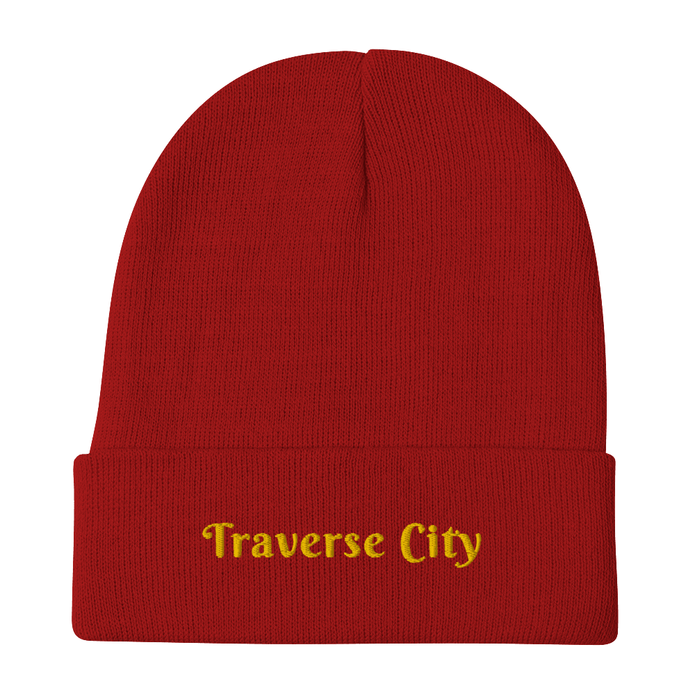 'Traverse City' Winter Beanie (Swash Font) | Gold Embroidery - Circumspice Michigan