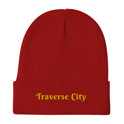 'Traverse City' Winter Beanie (Swash Font) | Gold Embroidery - Circumspice Michigan