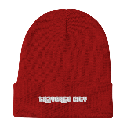 'Traverse City' Winter Beanie (1970s Font) | White/Black Embroidery - Circumspice Michigan