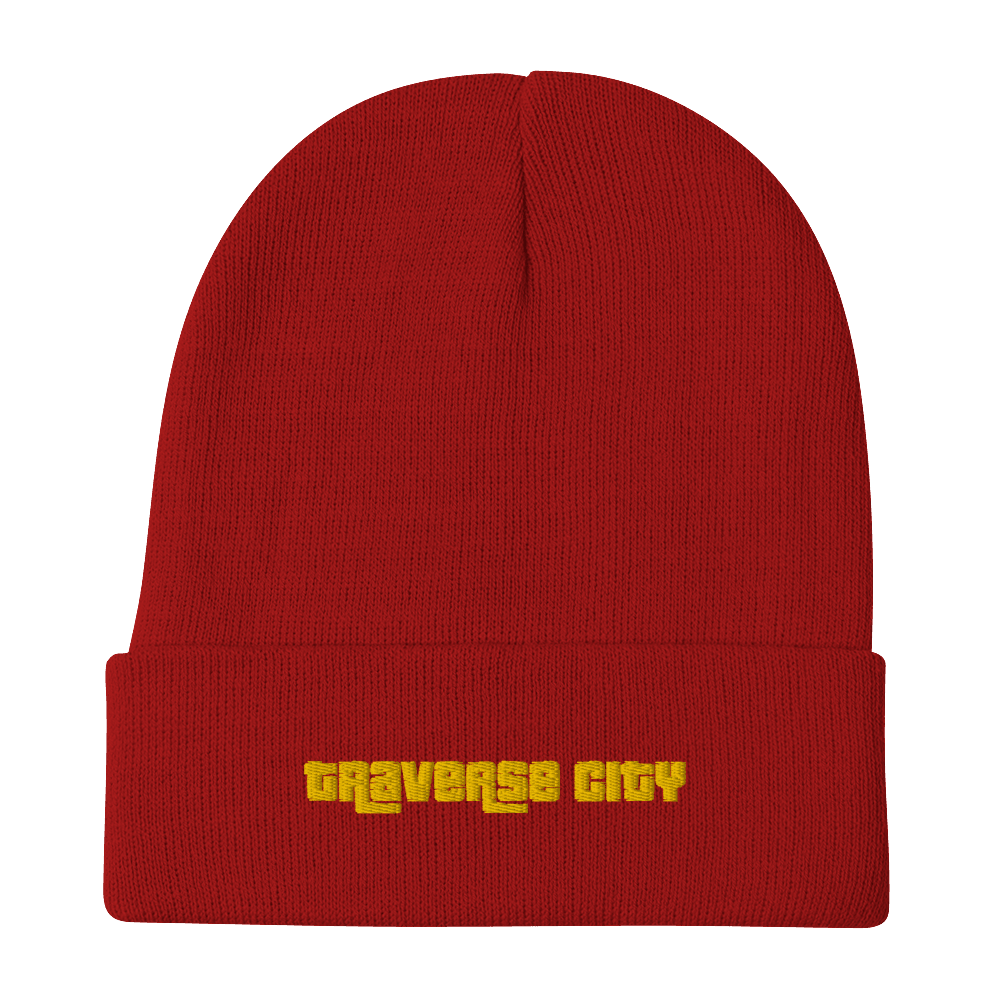 'Traverse City' Winter Beanie (1970's Font) | Gold Embroidery - Circumspice Michigan