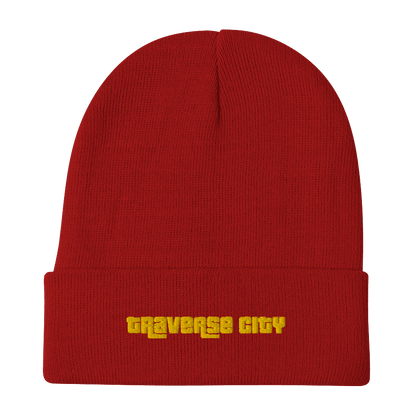 'Traverse City' Winter Beanie (1970's Font) | Gold Embroidery - Circumspice Michigan