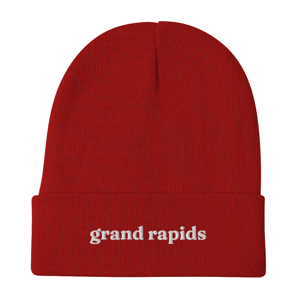 'Grand Rapids' Winter Beanie (Old Style Serif Font) | White/Black Embroidery - Circumspice Michigan