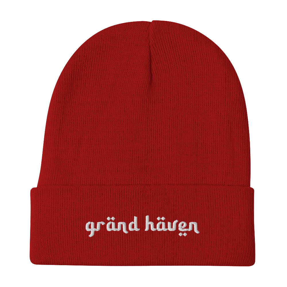 'Grand Haven' Winter Beanie (Arabic-Style Font) | White/Black Embroidery - Circumspice Michigan