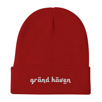 'Grand Haven' Winter Beanie (Arabic-Style Font) | White/Black Embroidery - Circumspice Michigan