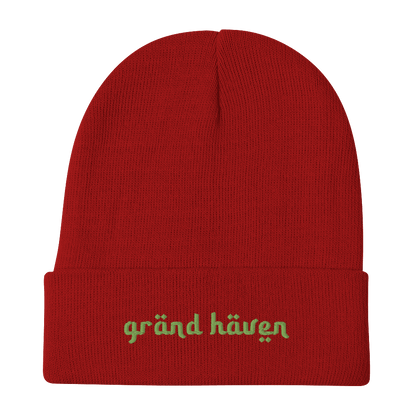 'Grand Haven' Winter Beanie (Arabic-Style Font) | Green Embroidery - Circumspice Michigan