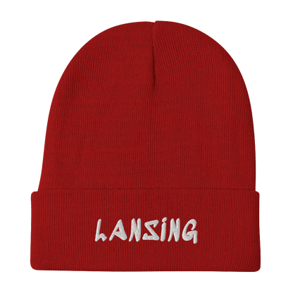 'Lansing' Winter Beanie (1980's Hip Hop Font) | White/Black Embroidery - Circumspice Michigan