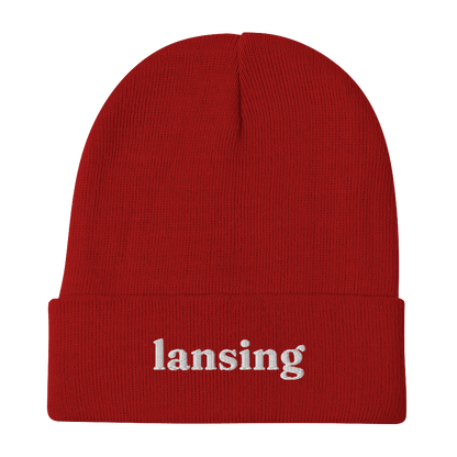 'Lansing' Winter Beanie (Old-Style Serif Font) | White/Black Embroidery - Circumspice Michigan