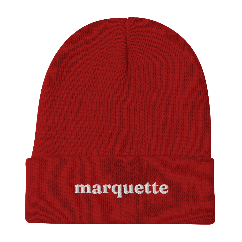 'Marquette' Winter Beanie (Old-Style Serif Font) | White/Navy Embroidery - Circumspice Michigan