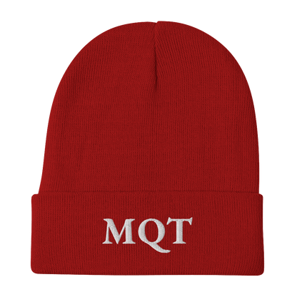 Marquette 'MQT' Winter Beanie (French Serif Font) | White/Black Embroidery - Circumspice Michigan