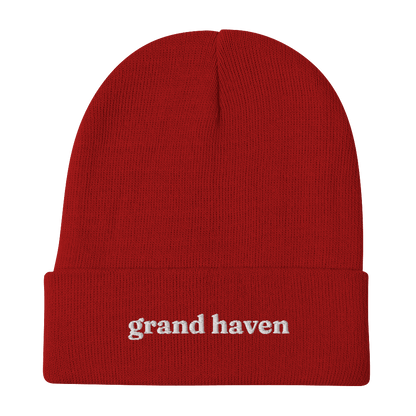 'Grand Haven' Winter Beanie (Old-Style Serif Font) | White/Navy Embroidery - Circumspice Michigan