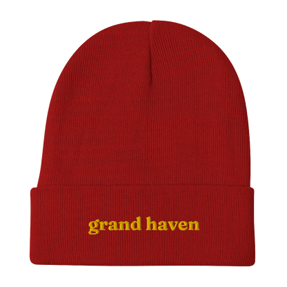 'Grand Haven' Winter Beanie (Old-Style Serif Font) | Gold Embroidery - Circumspice Michigan