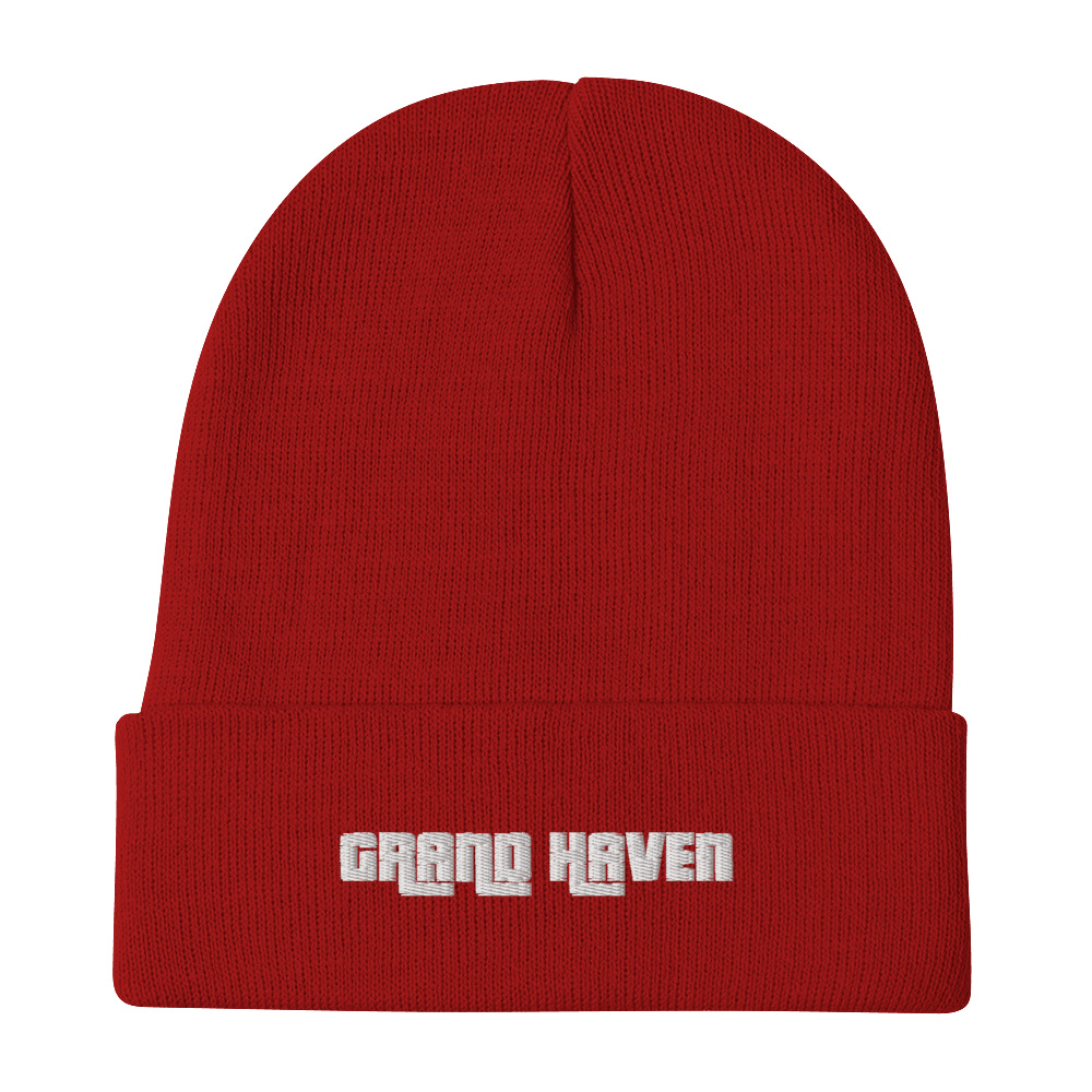 'Grand Haven' Winter Beanie (1970s Font) | White/Black Embroidery - Circumspice Michigan