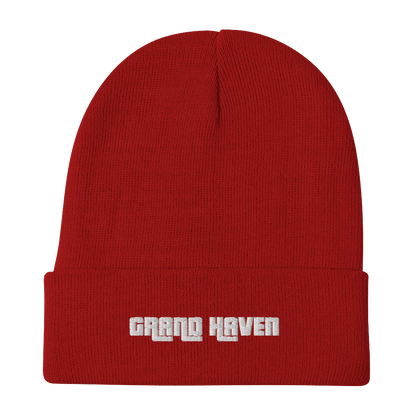 'Grand Haven' Winter Beanie (1970s Font) | White/Black Embroidery - Circumspice Michigan