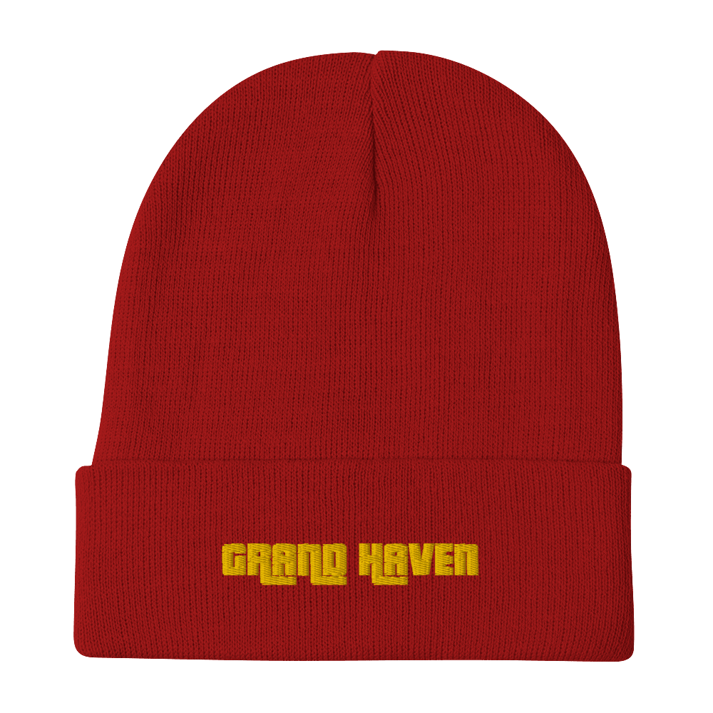 'Grand Haven' Winter Beanie (1970s Font) | Gold Embroidery - Circumspice Michigan