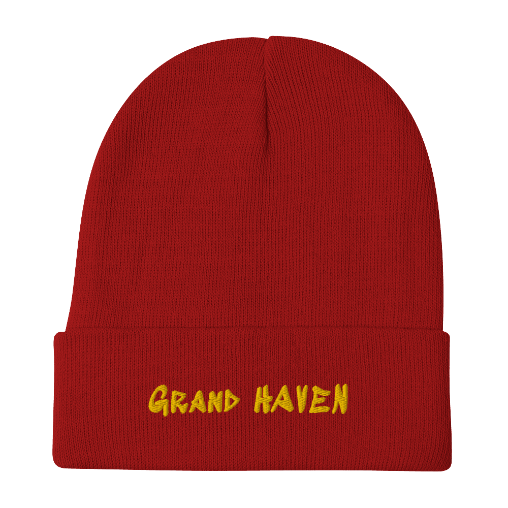 'Grand Haven' Winter Beanie (1980s Hip Hop Font) | Gold Embroidery - Circumspice Michigan