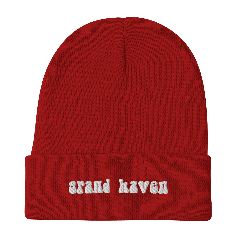 'Grand Haven' Winter Beanie (1960s Font) | White Embroidery - Circumspice Michigan