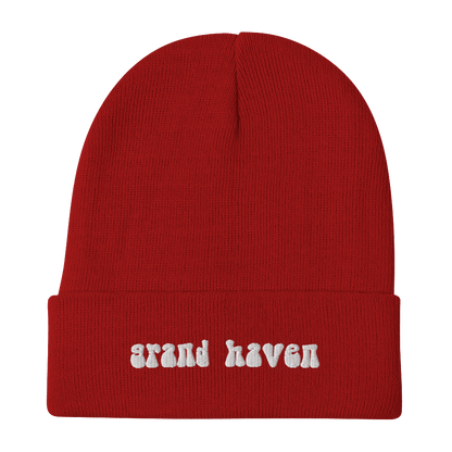 'Grand Haven' Winter Beanie (1960s Font) | White Embroidery - Circumspice Michigan