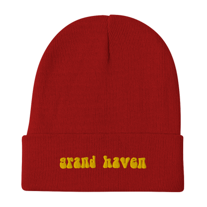 'Grand Haven' Winter Beanie (1960s Font) | Gold Embroidery - Circumspice Michigan