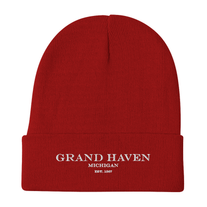 'Grand Haven Michigan EST 1867' Winter Beanie | White/Black Embroidery - Circumspice Michigan