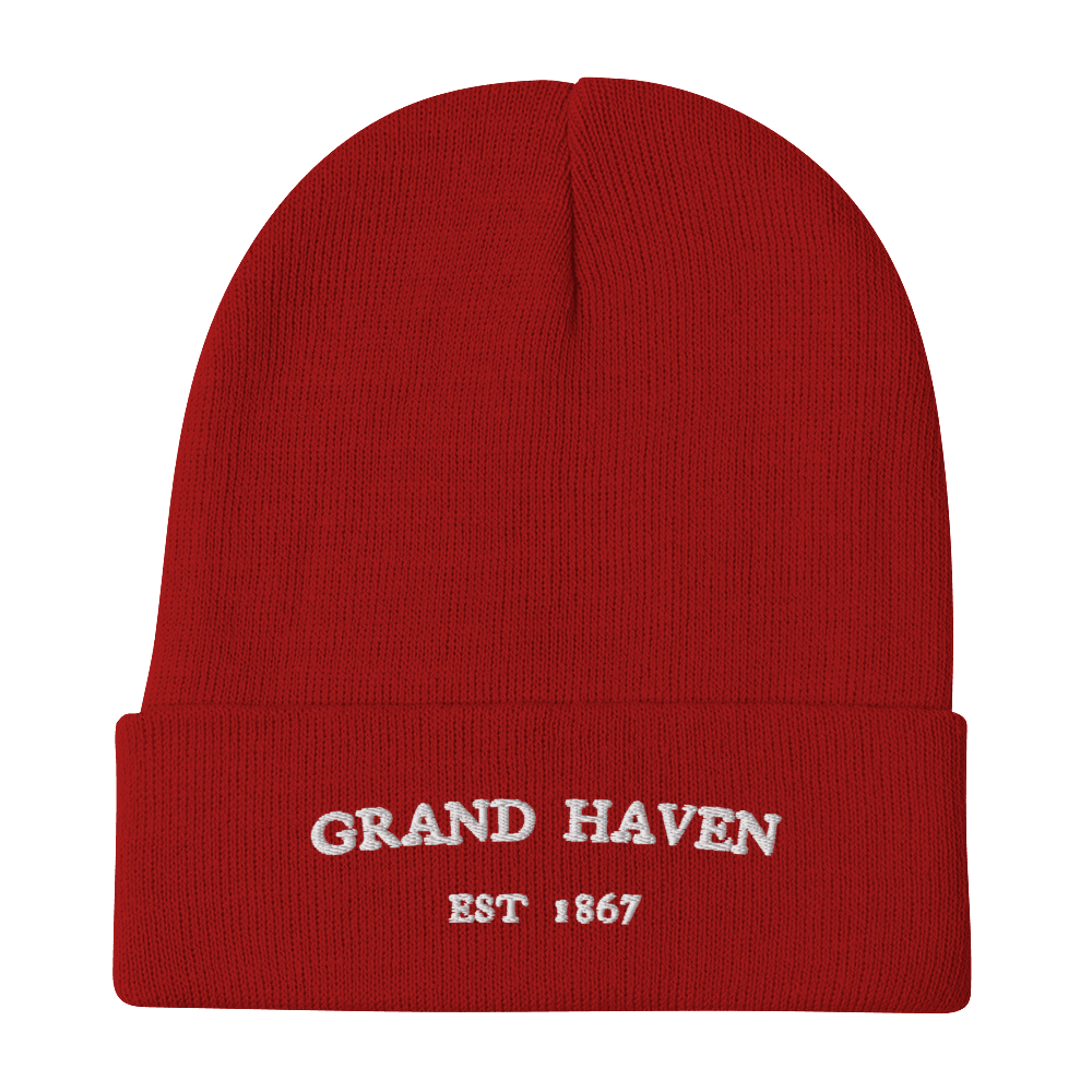 'Grand Haven EST 1867' Winter Beanie | White/Navy Embroidery - Circumspice Michigan