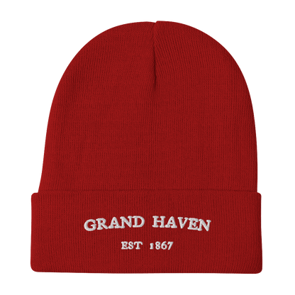 'Grand Haven EST 1867' Winter Beanie | White/Navy Embroidery - Circumspice Michigan