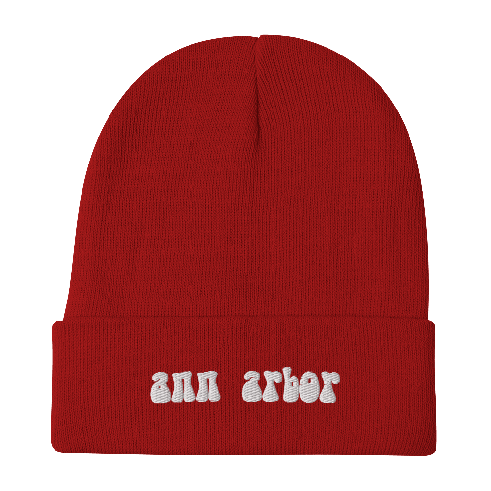 'Ann Arbor' Winter Beanie (1960s Font) | White Embroidery - Circumspice Michigan