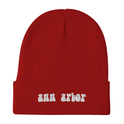 'Ann Arbor' Winter Beanie (1960s Font) | White Embroidery - Circumspice Michigan