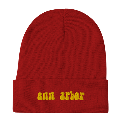 'Ann Arbor' Winter Beanie (1960s Font) | Gold Embroidery - Circumspice Michigan