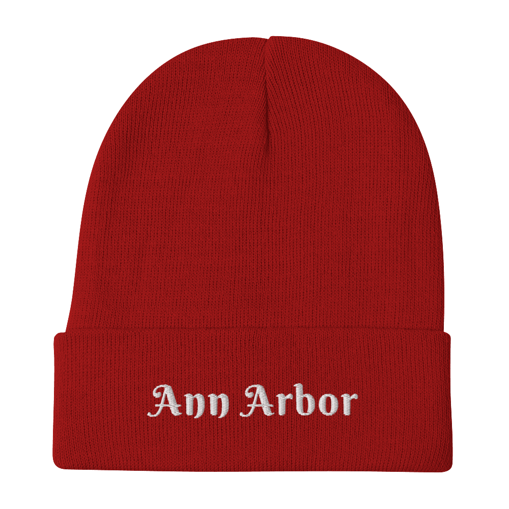 'Ann Arbor' Winter Beanie (Swash Font) l White/Black Embroidery - Circumspice Michigan