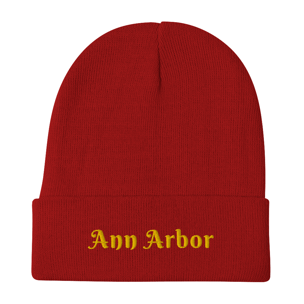 'Ann Arbor' Winter Beanie (Swash Font) | Gold Embroidery - Circumspice Michigan