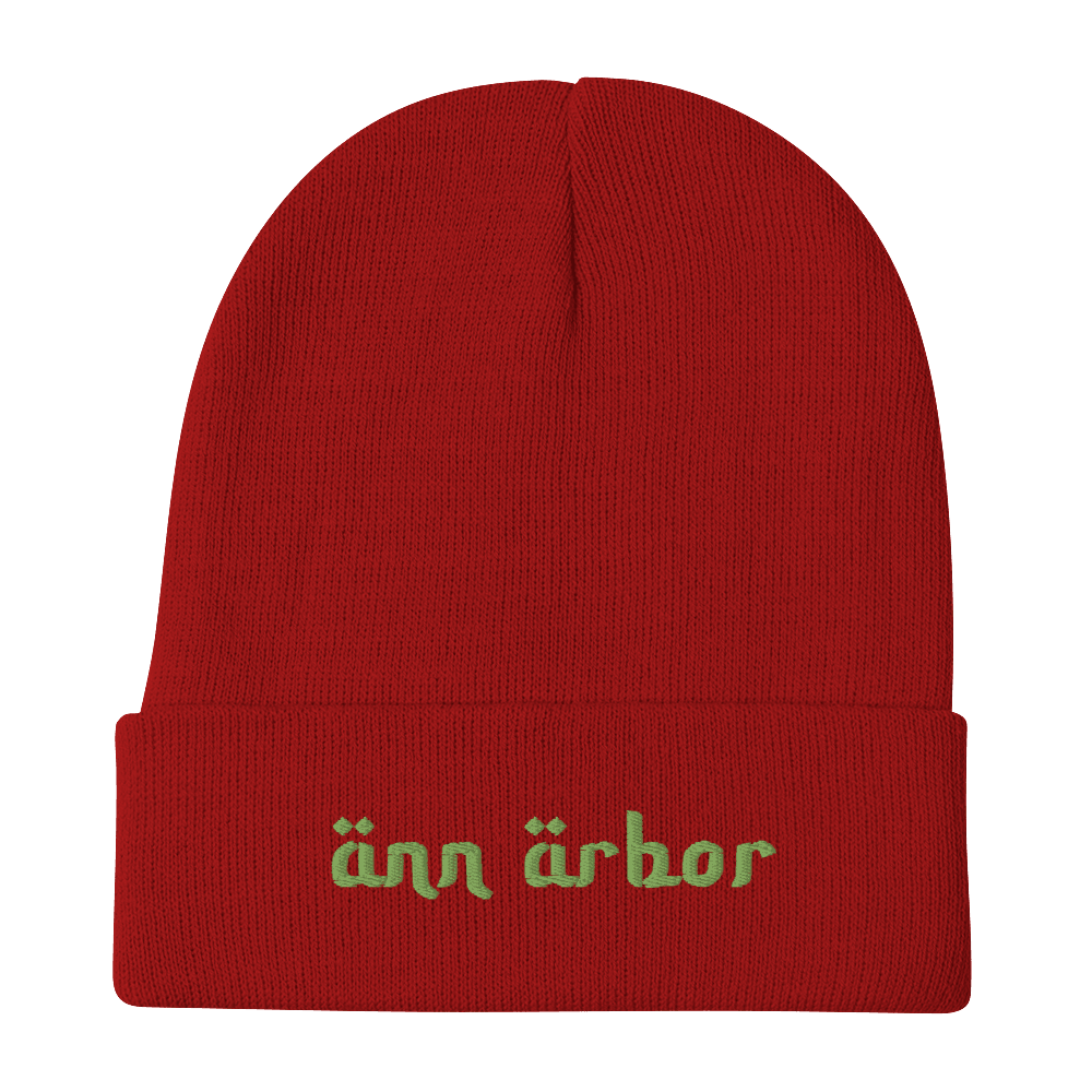 'Ann Arbor' Winter Beanie (Arabic-Style Font) | Green Embroidery - Circumspice Michigan