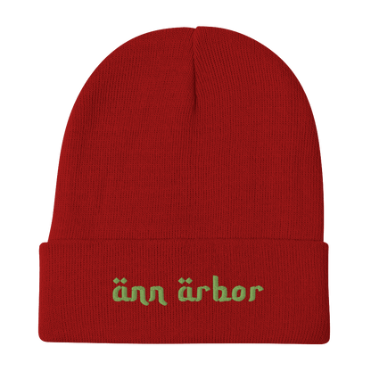 'Ann Arbor' Winter Beanie (Arabic-Style Font) | Green Embroidery - Circumspice Michigan