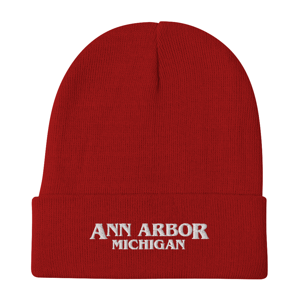 'Ann Arbor Michigan' Winter Beanie (1980s Drama Parody) | Red/White Embroidery - Circumspice Michigan