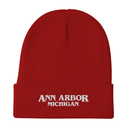 'Ann Arbor Michigan' Winter Beanie (1980s Drama Parody) | Red/White Embroidery - Circumspice Michigan