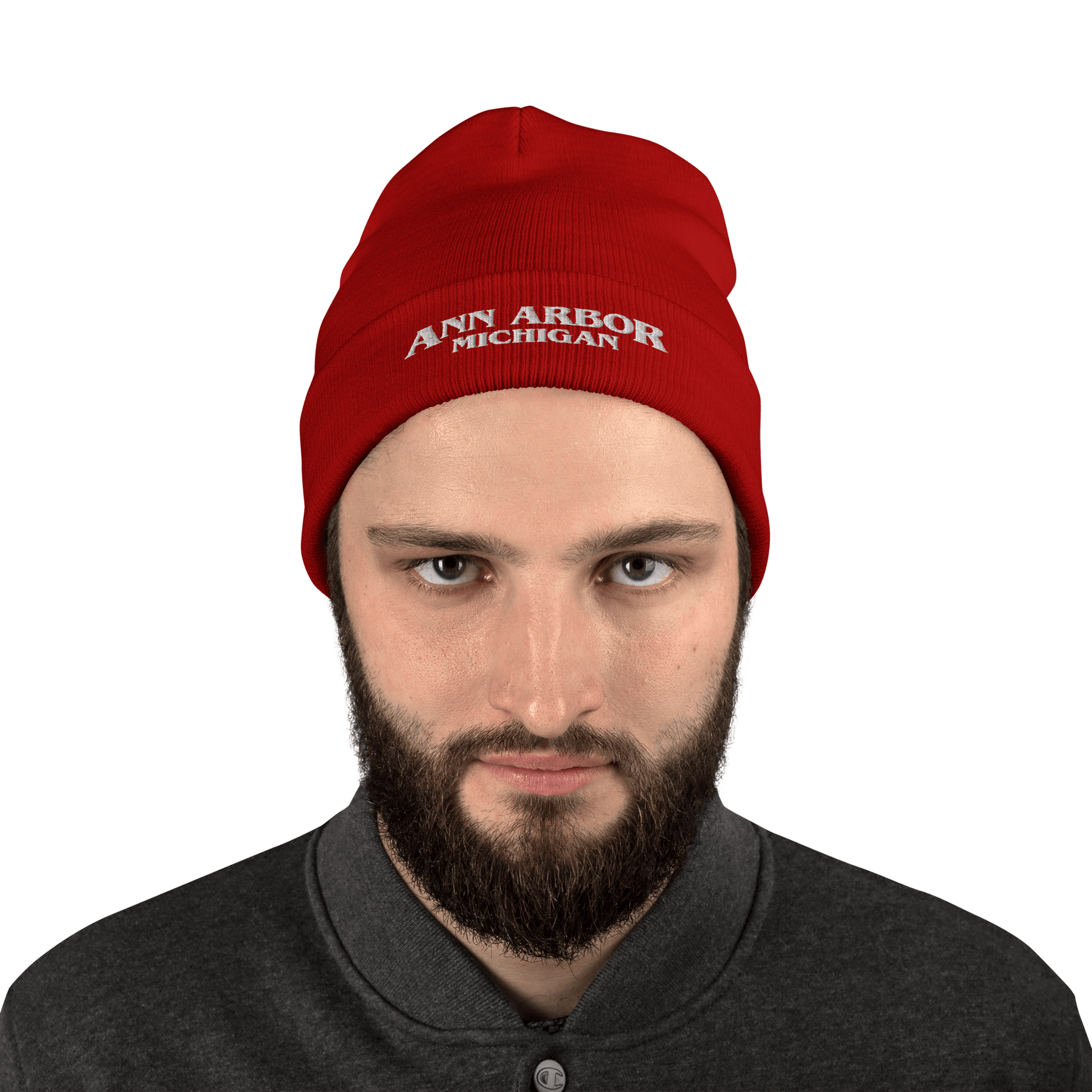 'Ann Arbor Michigan' Winter Beanie (1980s Drama Parody) | Red/White Embroidery - Circumspice Michigan