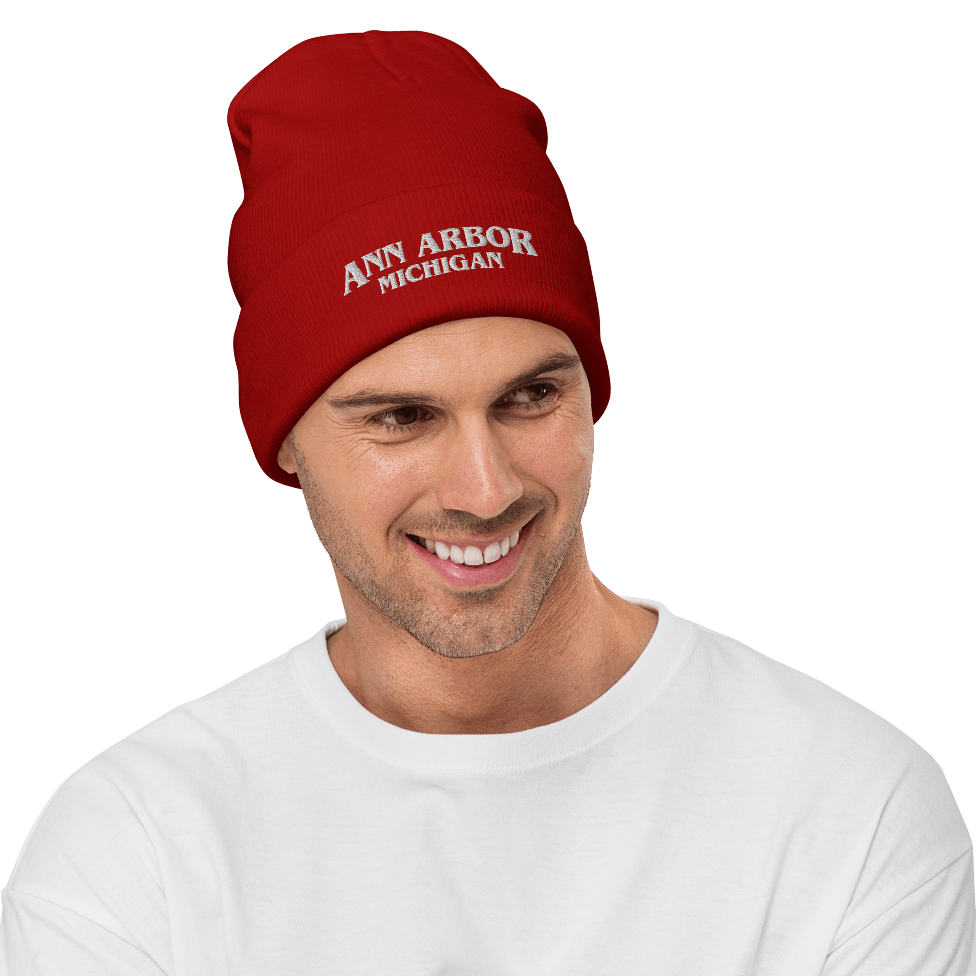 'Ann Arbor Michigan' Winter Beanie (1980s Drama Parody) | Red/White Embroidery - Circumspice Michigan