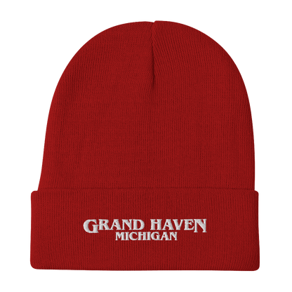 'Grand Haven Michigan' Winter Beanie (1980s Drama Parody) | Red/White Embroidery - Circumspice Michigan