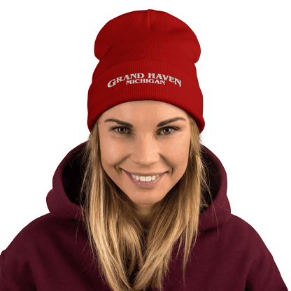 'Grand Haven Michigan' Winter Beanie (1980s Drama Parody) | Red/White Embroidery - Circumspice Michigan