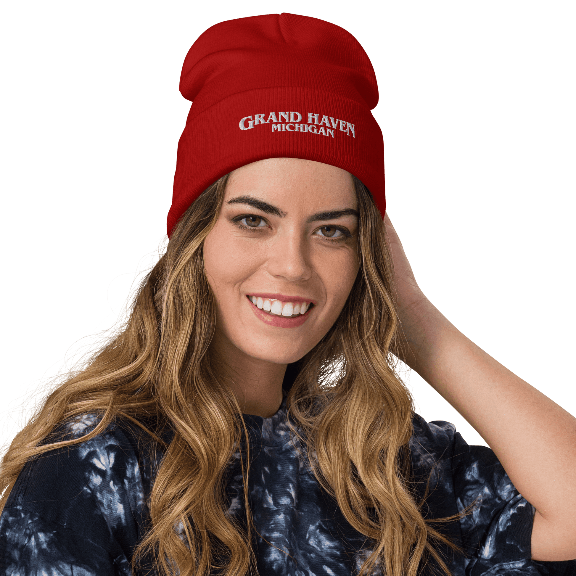 'Grand Haven Michigan' Winter Beanie (1980s Drama Parody) | Red/White Embroidery - Circumspice Michigan