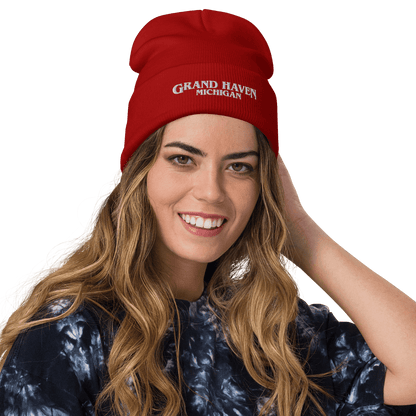 'Grand Haven Michigan' Winter Beanie (1980s Drama Parody) | Red/White Embroidery - Circumspice Michigan