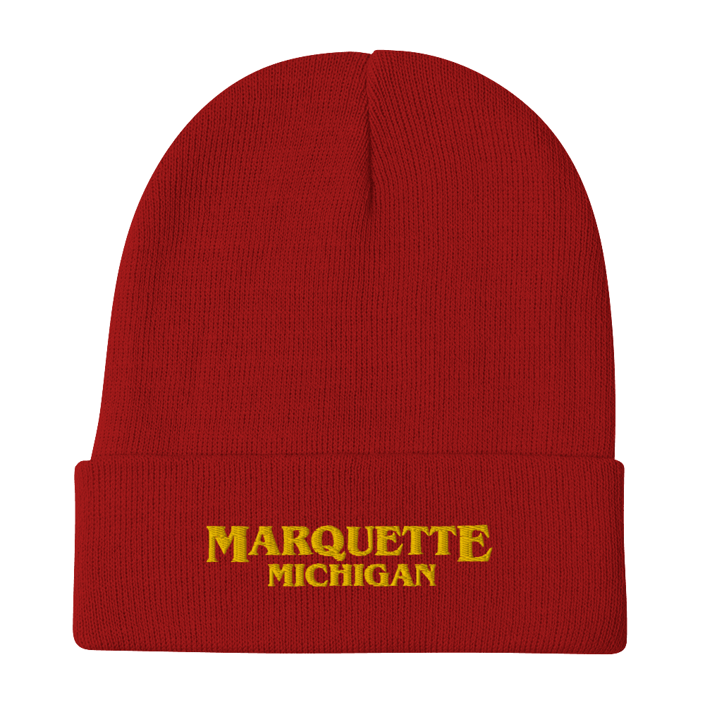 'Marquette Michigan' Winter Beanie (1980s Drama Parody) | Gold Embroidery - Circumspice Michigan