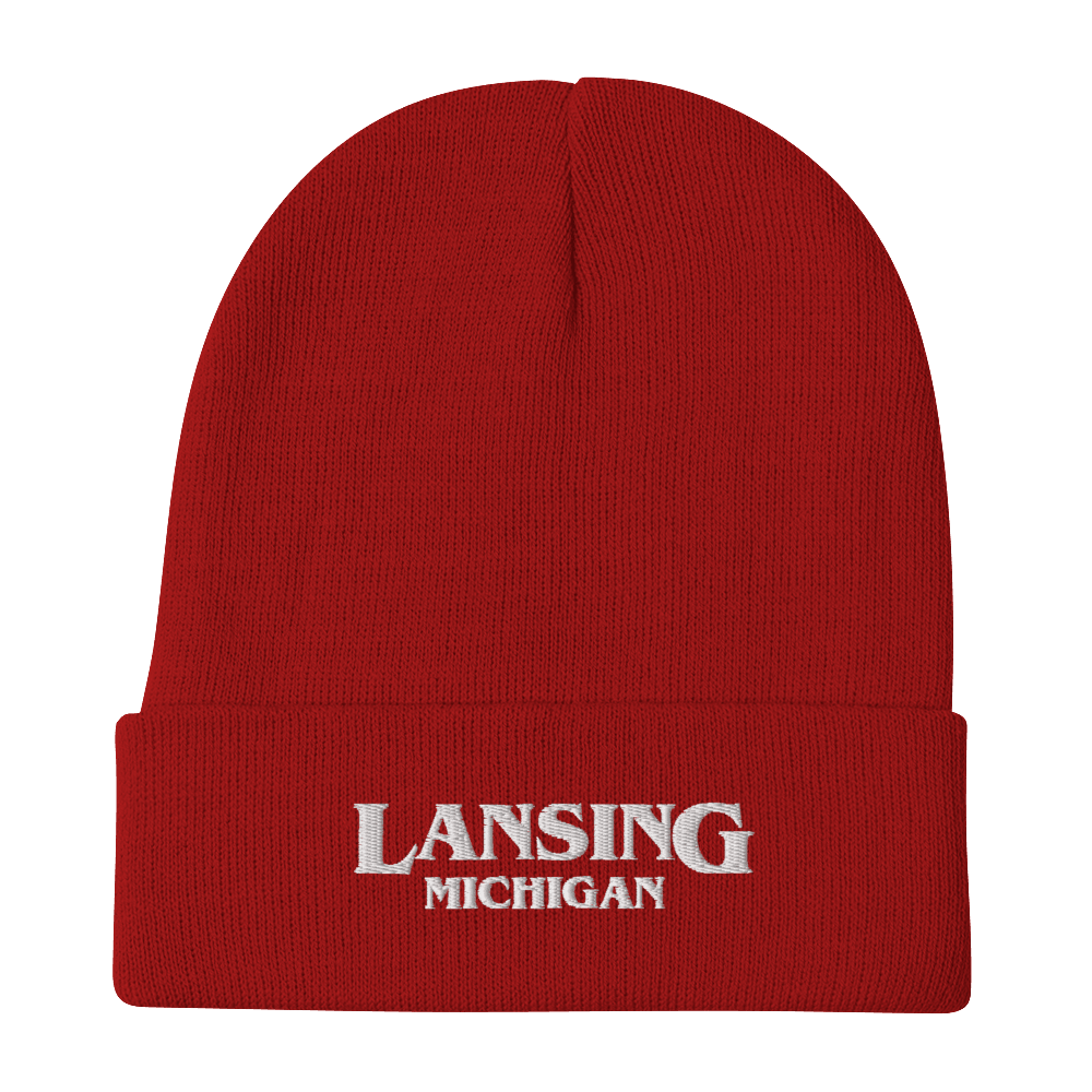 'Lansing Michigan' Winter Beanie (1980s Drama Parody) | Red/White Embroidery - Circumspice Michigan