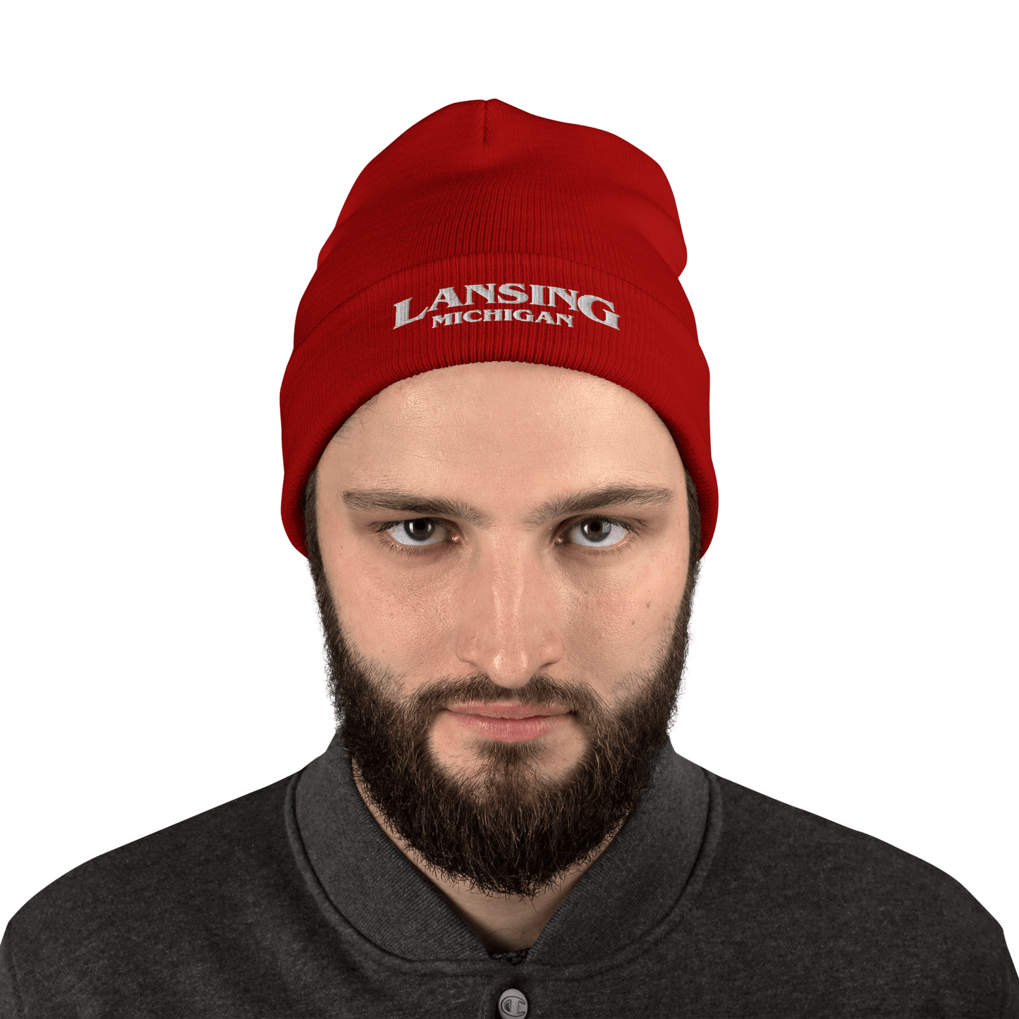 'Lansing Michigan' Winter Beanie (1980s Drama Parody) | Red/White Embroidery - Circumspice Michigan